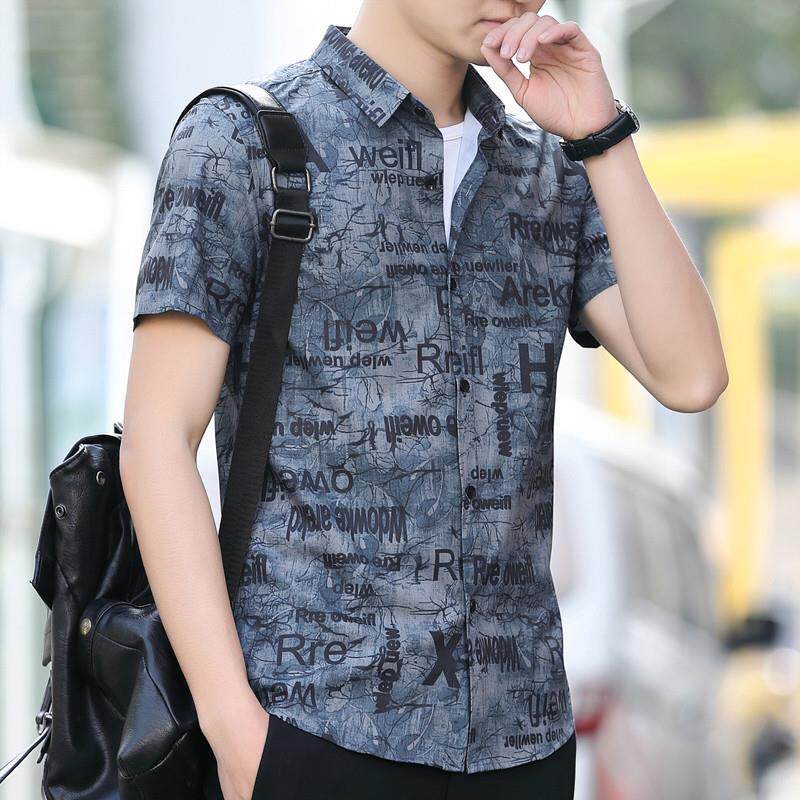 夏季新款男士短袖衬衫韩版潮流修身痞帅花上衣服冰丝薄款凉爽寸衫