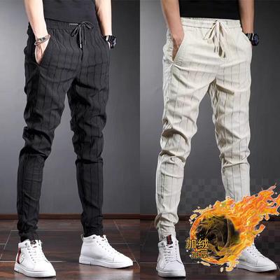 加绒韩版修身弹力休闲 裤子男士秋冬季痞帅百搭潮流帅气条纹烟管