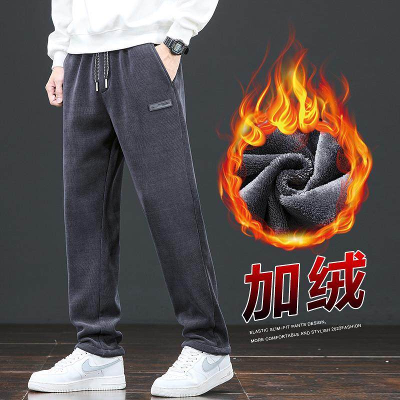 冬季秋冬款灯芯绒直筒运动卫裤男士加绒加厚休闲长裤子防寒抓绒裤