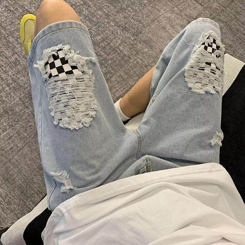 破洞棋盘格牛仔短裤男夏季新款高街潮牌马裤港风休闲潮流五分裤