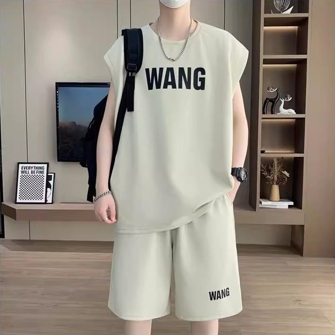 洋气无袖t恤套装男冰丝速干