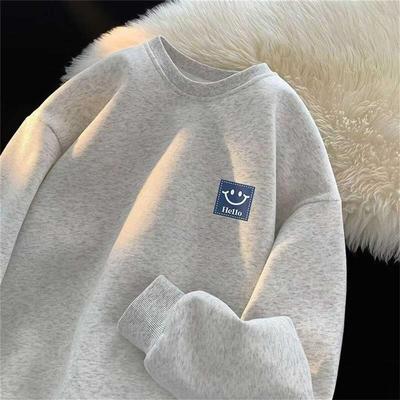 白灰色重磅纯棉卫衣男款秋冬青少年初中生高中生潮流加绒圆领无帽