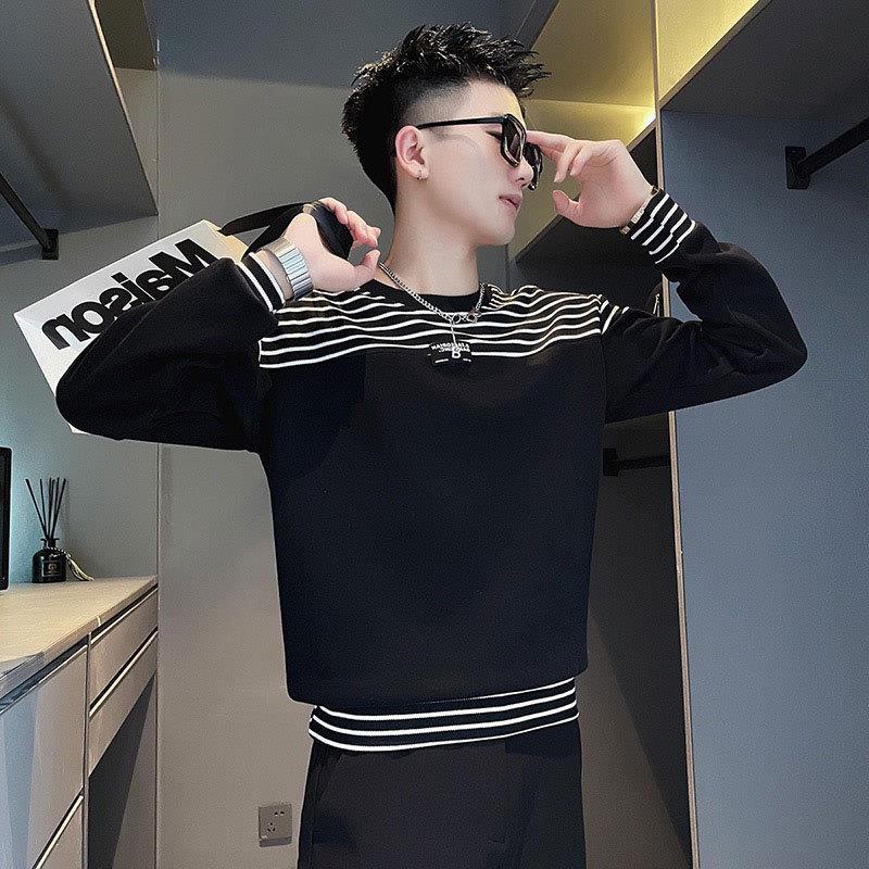 网红春秋季设计感卫衣男潮牌条纹打底衫2023痞帅休闲长袖T恤上衣