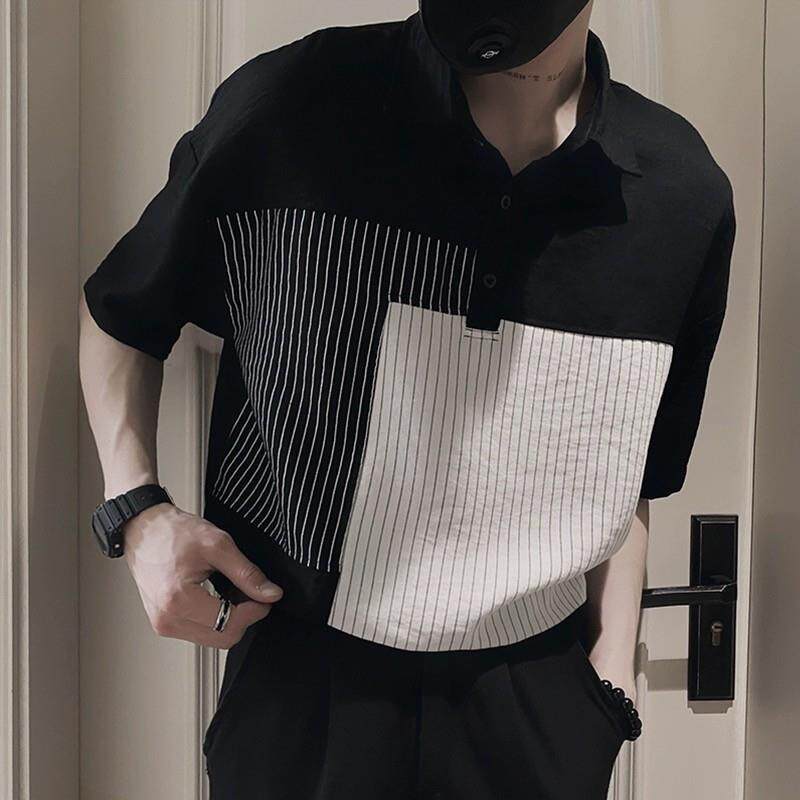 夏季复古撞色polo衫短袖男士痞帅条纹拼接T恤时尚五分袖体恤衫
