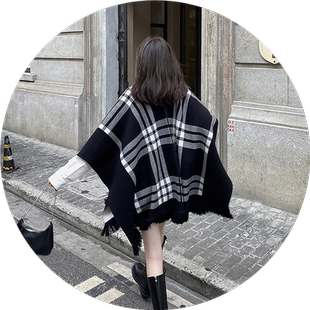 针织格子披肩外套外套时尚洋气高档围巾斗篷两面穿保暖秋外搭女冬