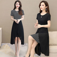 Large women's slim dress stripe stitching fake two-piece A-line skirt slim mid long skirt