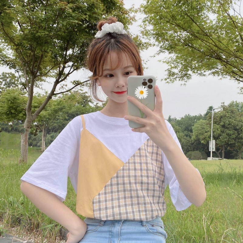 Guantu cotton fake two-piece T-shirt women's short sleeve trendy Plaid loose Korean top