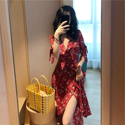 French red V-neck Floral Dress Holiday drawstring waist wrapped skirt for women early spring 2021