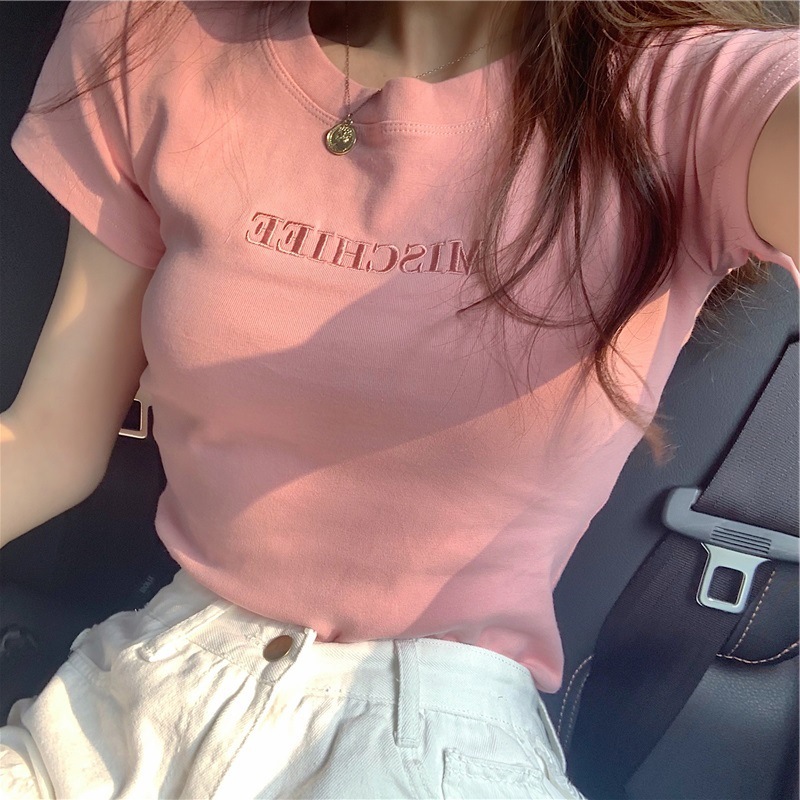 2021 summer new Korean alphabet embroidery slim fitting short sleeve t-shirt female student top women's fashion