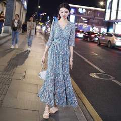 Temperament collar retro Floral Chiffon dress women's new summer dress