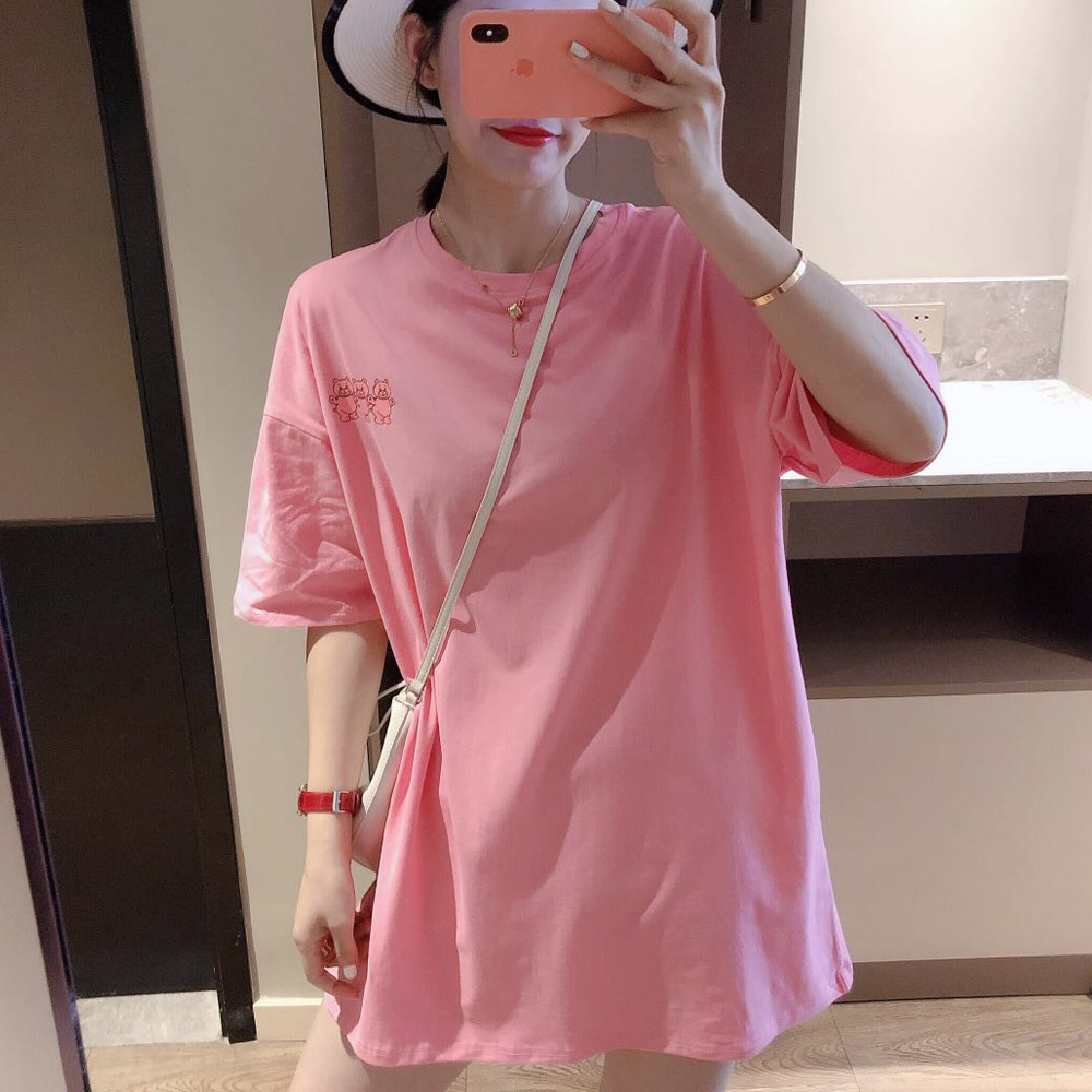 Pink Short Sleeve T-Shirt women's summer new Korean soft girl loose medium long large half sleeve top fashion