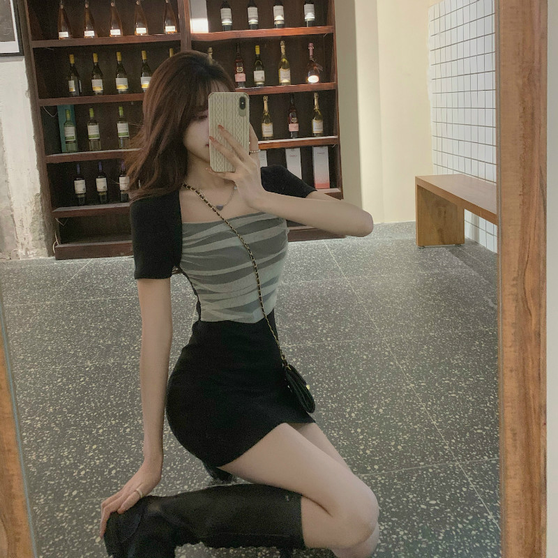 Real shot contrast mesh stitching buttock short skirt slim skirt short sleeve bottom dress