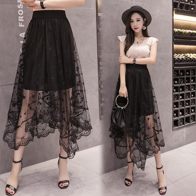 Real shot of spring and summer new Korean high waist irregular medium length poncho mesh bottomed skirt