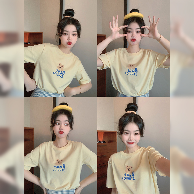 Creative cartoon bear letter short sleeve T-shirt women's new Korean loose top