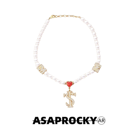 ASAPROCKY嘻哈风STK同款潮男金琉璃项链珍珠爱心满钻联名潮流男女