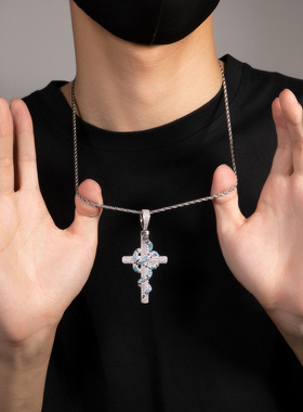 RAPROCK蓝色珊瑚蛇十字架吊坠复古个性锆石嘻哈项链潮流抖音同款