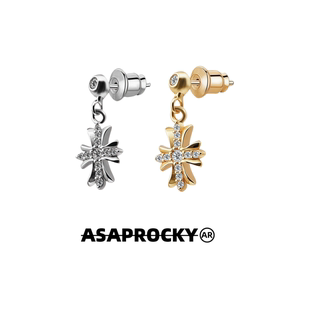 ASAPROCKY欧美嘻哈潮男帅高级感S925银针做旧胖丁十字架耳坠耳环