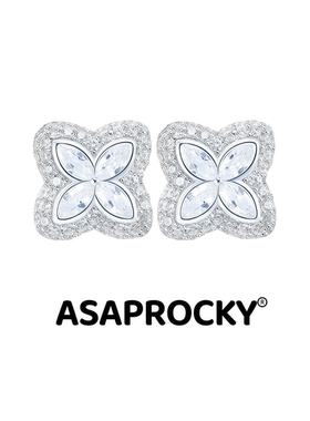 ASAPROCKY银针合成锆石耳钉四叶草璀璨幸运嘻哈风女满镶耳钉情侣