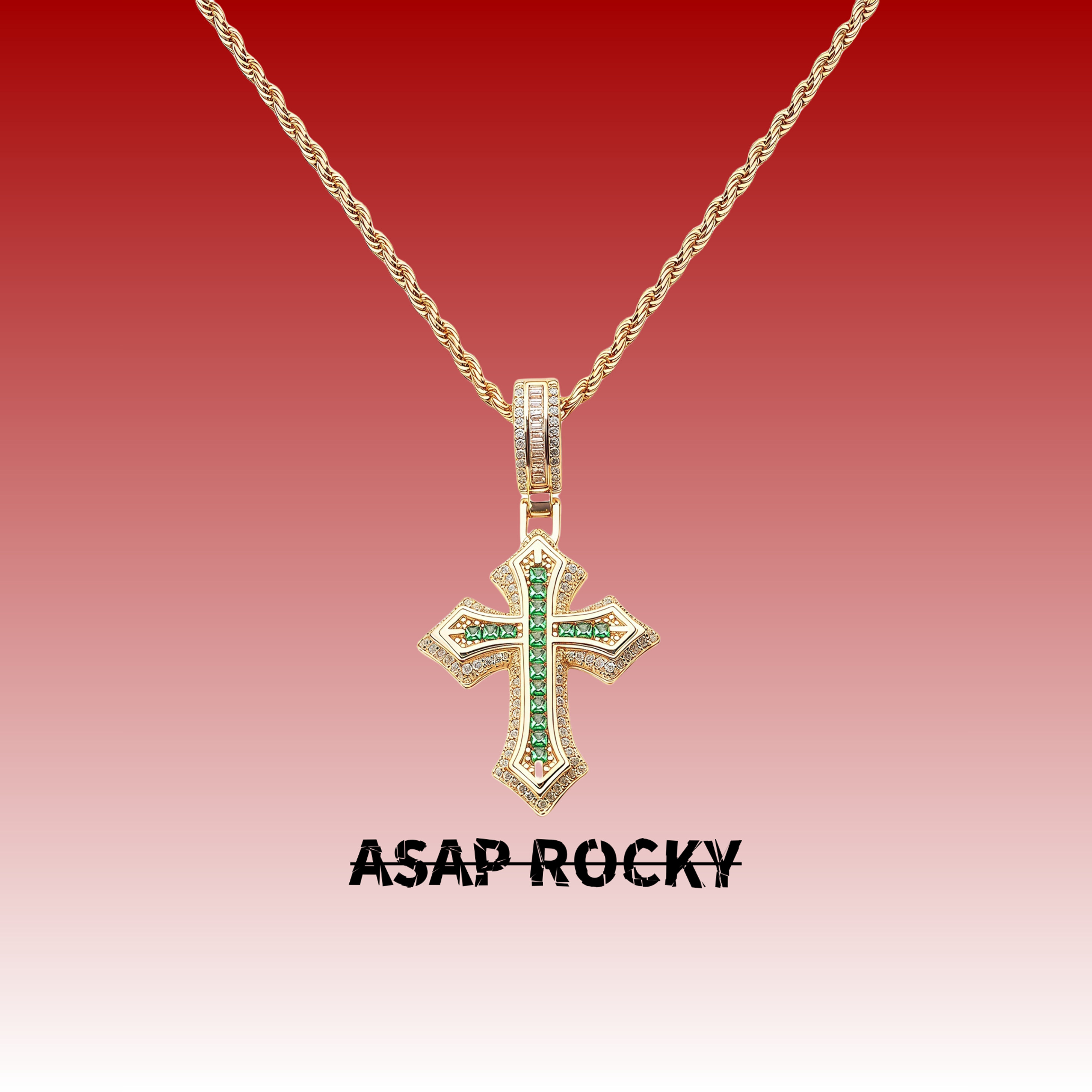 asaprocky金绿梯方钻十字架项链潮流男女同款嘻哈风吊坠帅气百搭
