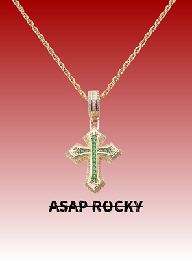 ASAPROCKY金绿梯方钻十字架项链潮流男女同款嘻哈风吊坠帅气百搭