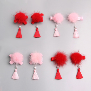 黄小妞秋冬中国风宝宝发夹 貂毛球儿童流苏新年古风汉服头饰 发夹