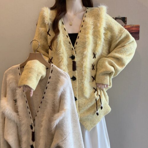 实拍大码秋冬新款宽松毛衣女慵懒风针织开衫女毛衣上衣女8062