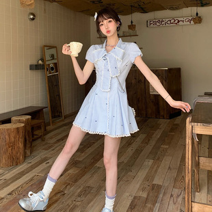 蝴蝶蓝调法式 减龄少女风 气质甜美可爱小裙子女夏季 花边泡泡袖