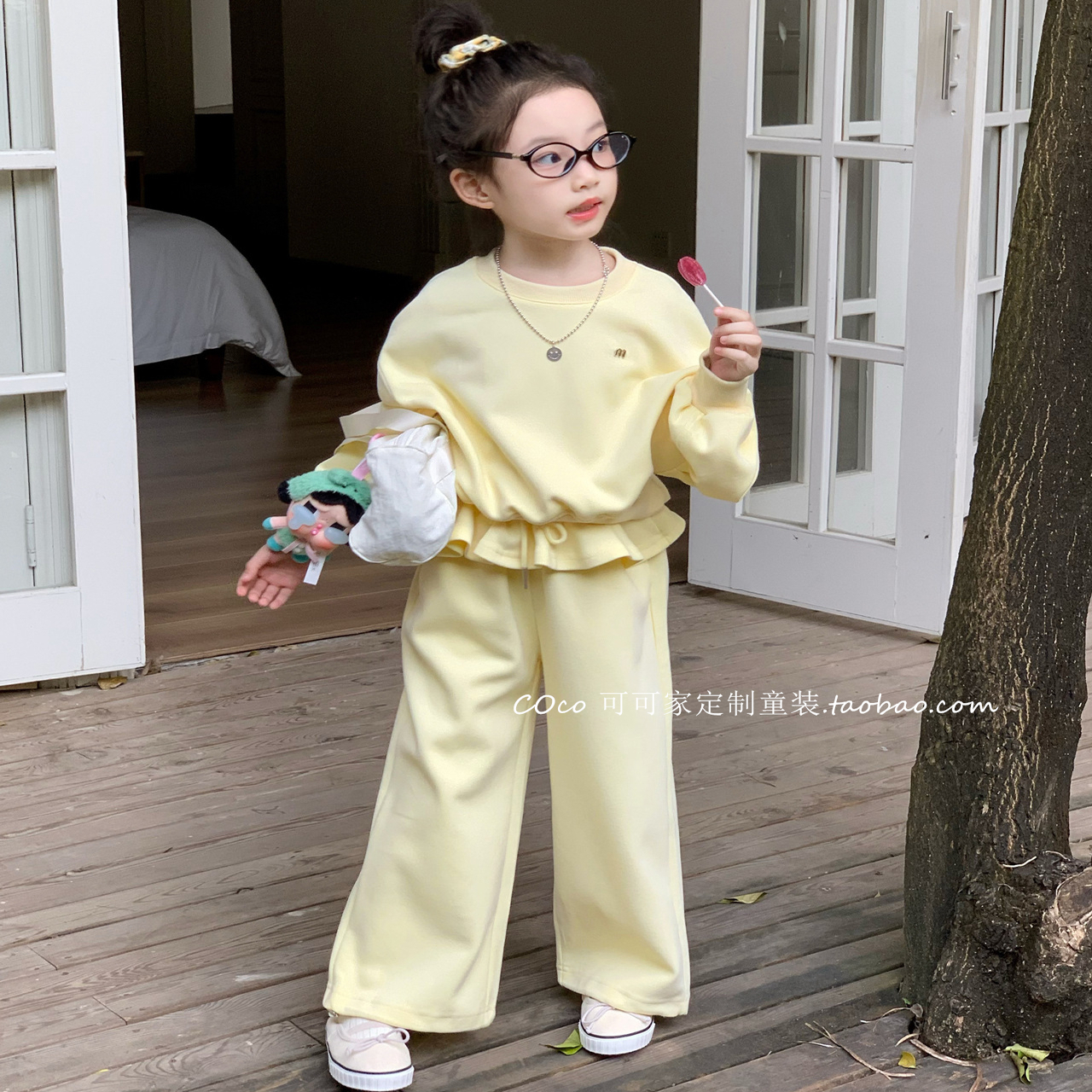 女童黄色卫衣套装2025秋季新款女孩韩版洋气花边卫衣休闲裤两件套