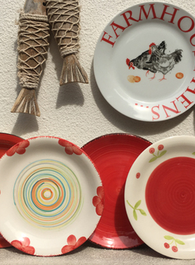 挂盘研究所~红色系盘子挂墙美式乡村盘子画餐 装饰挂件玄关