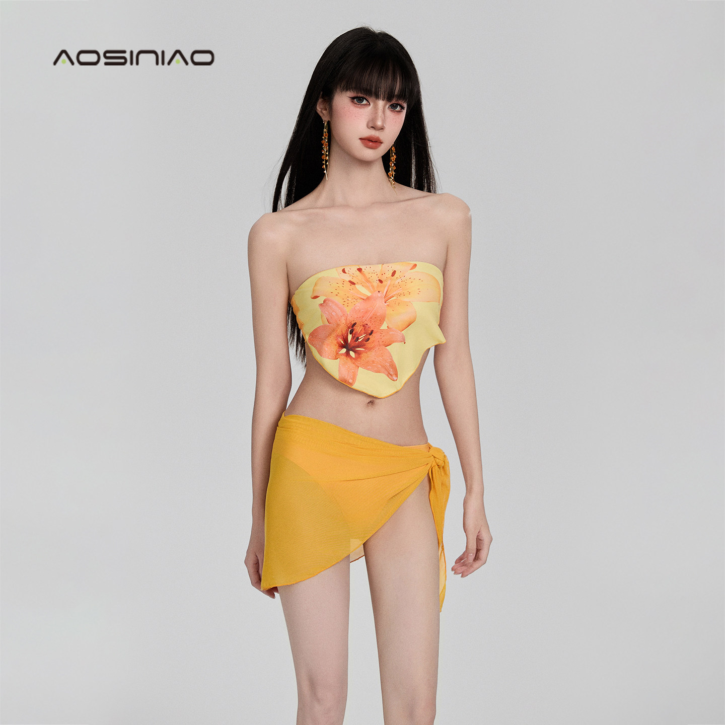 2026新款纯欲风抹胸分体泳衣女三件套纱裙海边度假拍照温泉泳装女