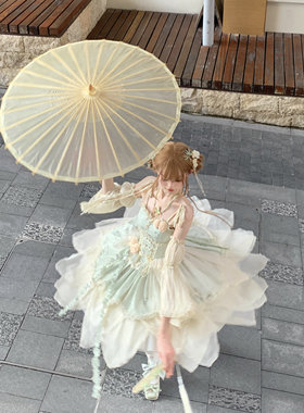 【现货】茶竹曲Lolita原创竹叶印花新中式芭蕾风优雅仙气