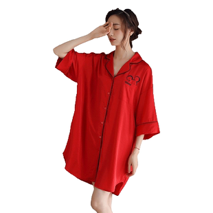 茜柔春秋季天丝麻睡裙女大红色喜庆结婚家居服宽松大码连衣裙睡衣