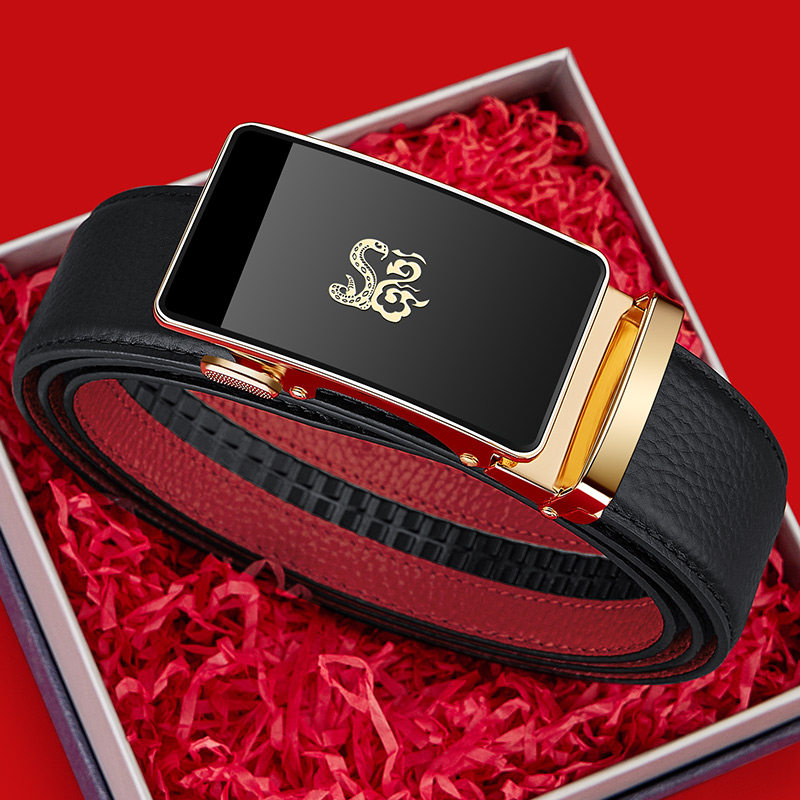 保罗皮带男士真皮红色本命年蛇年男款腰带2025新款自动扣裤带礼物