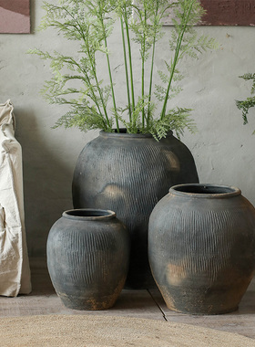 大圆肚灰色陶罐客厅造景侘寂风装饰民宿粗陶罐覆古土陶大花瓶落地