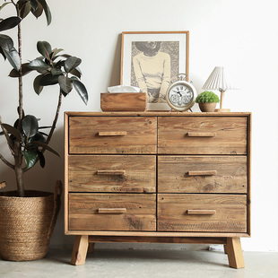 原木文艺六斗柜侘寂风老松木复古实木储物柜客厅玄关装 饰柜餐边柜
