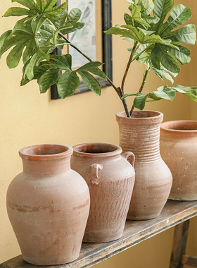复古粗陶花瓶手工双耳红陶土罐陶瓷插干花花器侘寂风客厅装饰摆件