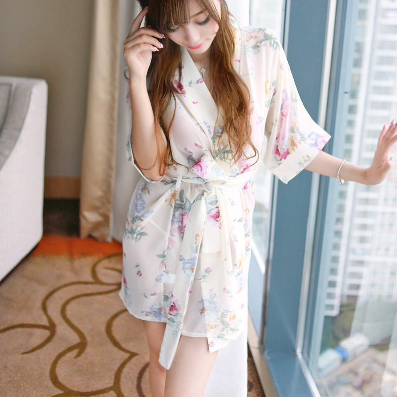 性感睡衣女夏款冰丝雪纺印花薄款透明家居服日系纯欲风和服浴袍