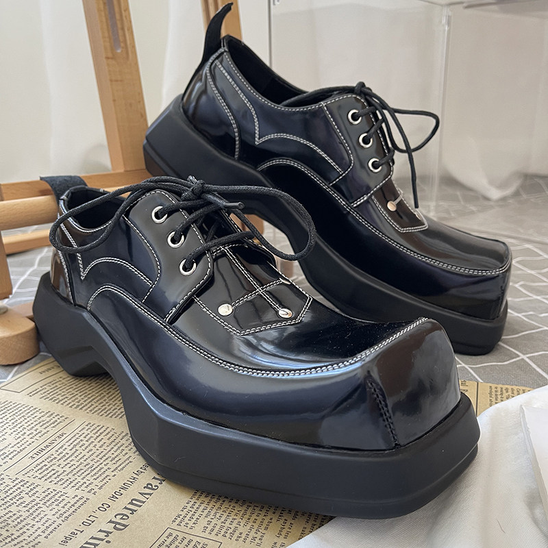 方头皮鞋男厚底增高几何铆钉漆皮亮皮发型师个性黑色青春欧美时尚
