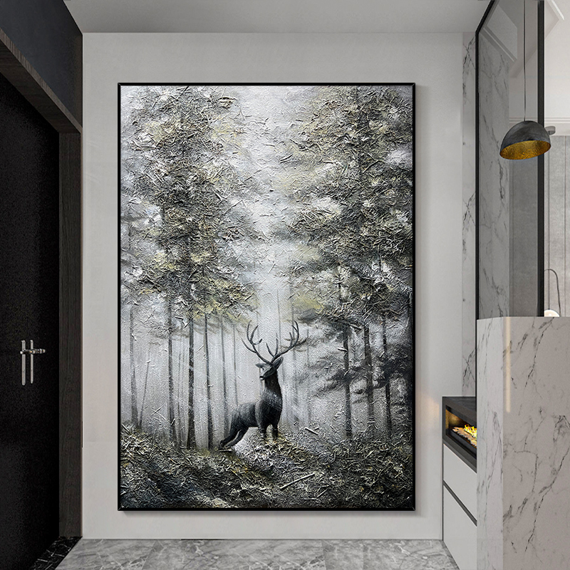 手绘油画林间小鹿轻奢侘寂风客厅沙发背景墙装饰画玄关挂画餐厅图片