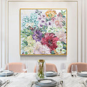 手绘油画轻奢餐厅挂画客厅背景装 饰画五彩向日葵玄关方形花卉壁画