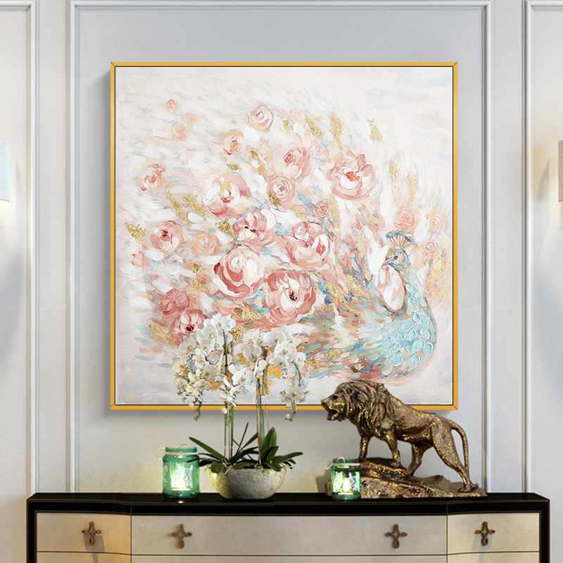 手绘油画大幅花卉孔雀开屏玄关挂画北欧现代客厅沙发背景墙装饰画图片