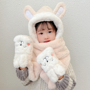 兔耳朵儿童帽子围巾一体手套三件套冬季女童男大童宝宝保暖防风帽