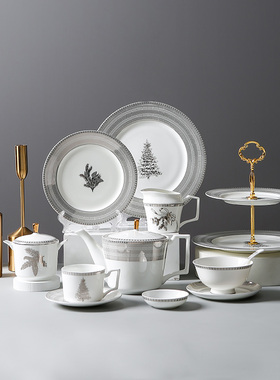 冬日恋歌欧式轻奢简约家用摆台骨瓷餐具饭碗汤勺点心架咖啡具