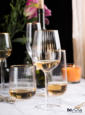 伯善金边竖条纹玻璃红酒杯葡萄酒杯婚礼高脚香槟杯高矮透明果汁杯