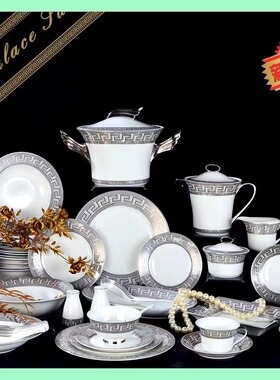 伯善瓷银边万字餐具69头陶瓷中式餐具套装6人位碗盘碟勺家用餐具