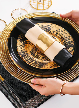 欧式样板间餐具套装轻奢黑色金边平盘西餐牛排餐盘碟圆形骨瓷套装
