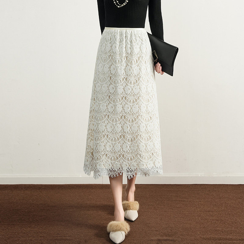 名媛风蕾丝半身裙女秋冬季白色2025新款高腰显瘦气质中长款a字裙