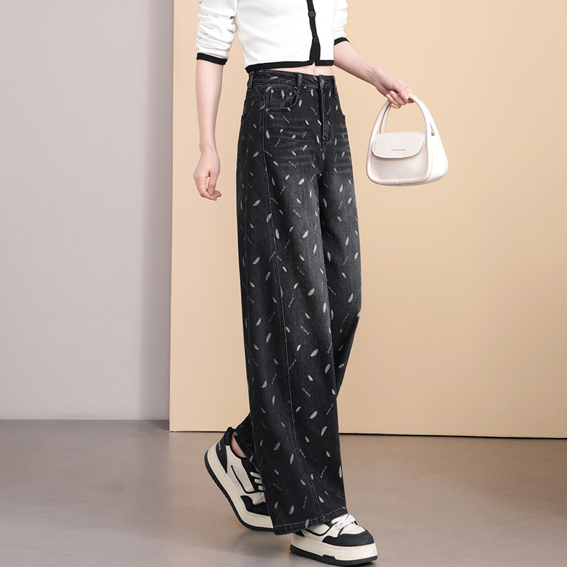 印花美式牛仔弯刀裤女2026年春季新款时尚复古遮胯高腰阔腿香蕉裤