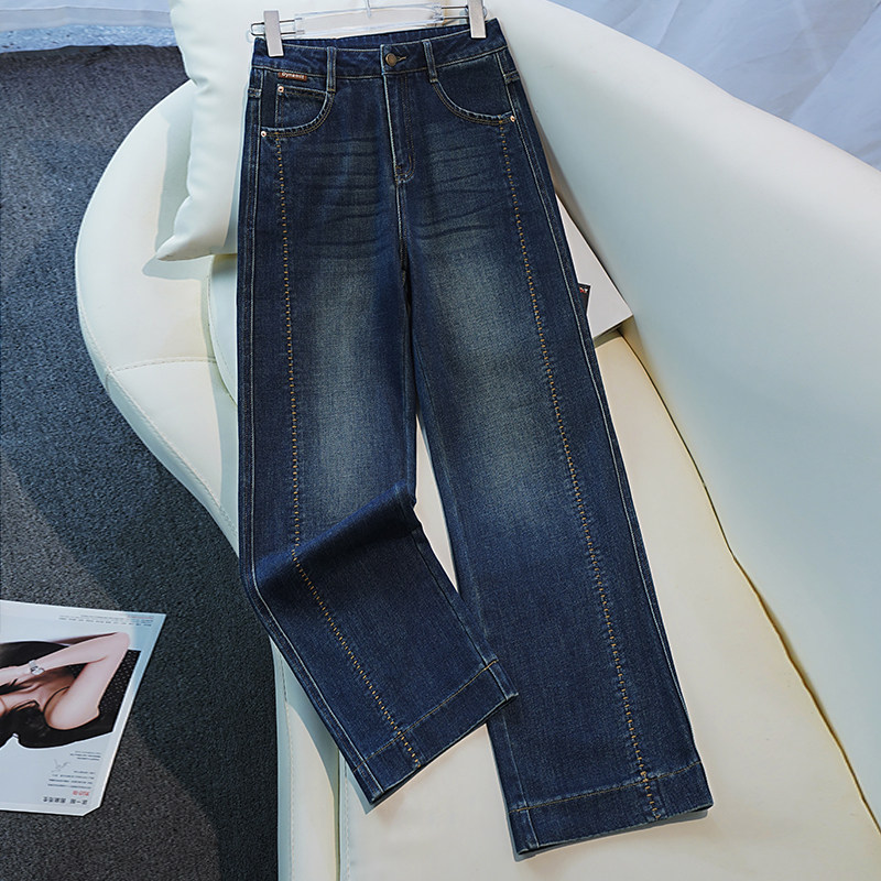 深蓝色牛仔裤女秋季新款高腰窄版阔腿裤大码复古宽松直筒裤拖地裤