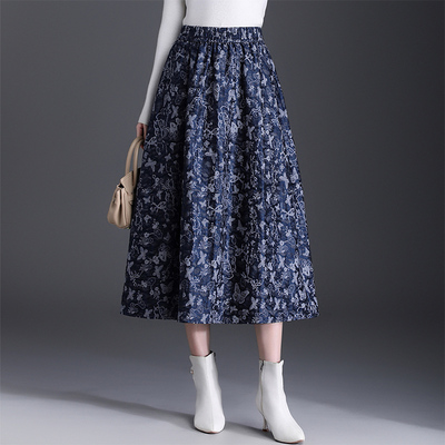 重工碎花半身裙女2025秋季新款高腰显瘦遮胯中长款蓬蓬裙a字伞裙